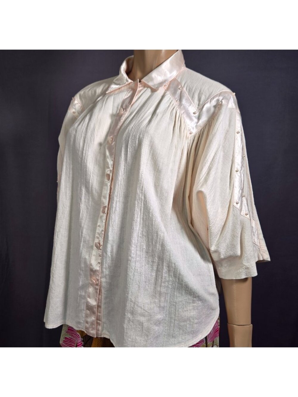 Vintage 80s Joseph Ribkoff  Pink Gauze Dolman Sleeve Blouse Size L Satin Trim